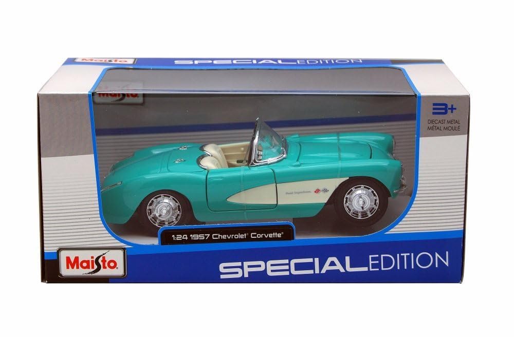 Maisto 1/24 Scale Diecast Model Toy Car - 1957 Chevy Corvette Convertible, Turquoise Special Edition, Model 31275