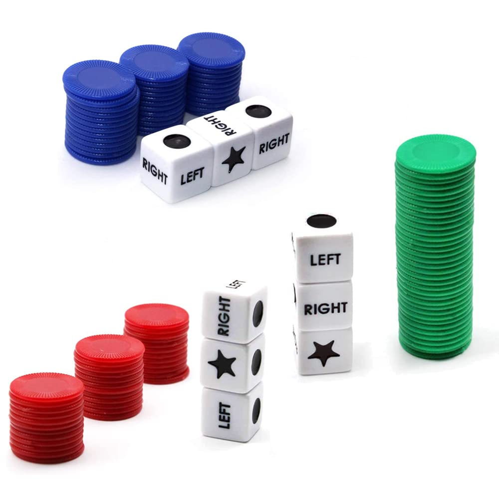 Befantasway Right Left Center Dice Game Set With 3 Dices + 36 Chips (3 Sets -Red+Green+Blue)