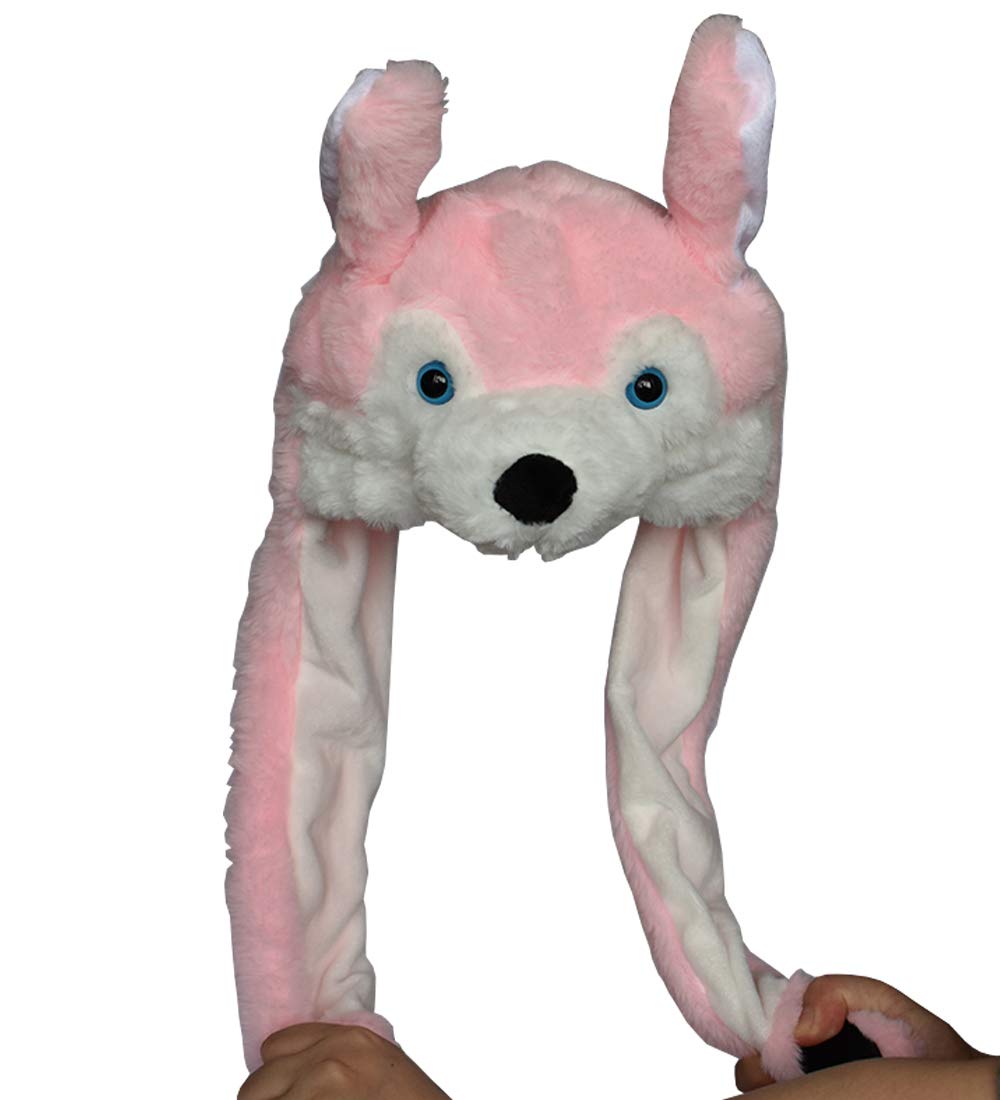 Joyhy Kids Adults Plush Hat Ear Moving Ear Flap Hat With Paw Pink Wolf