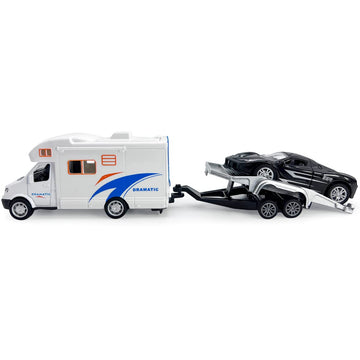 Toy Camper RV Trailer Towing Supercar Sports Model Car Diecast Motorhome Toys for Boys Pull Back Toy Cars, Beach Sandbox Outdoor