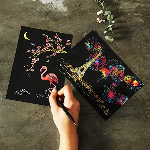 Magic Scratch Art Paper(7.9x5.5), Rainbow Landscape Engraving Art Mini Scratchboard Pads for Adults and Kids, Art & Crafts Set: