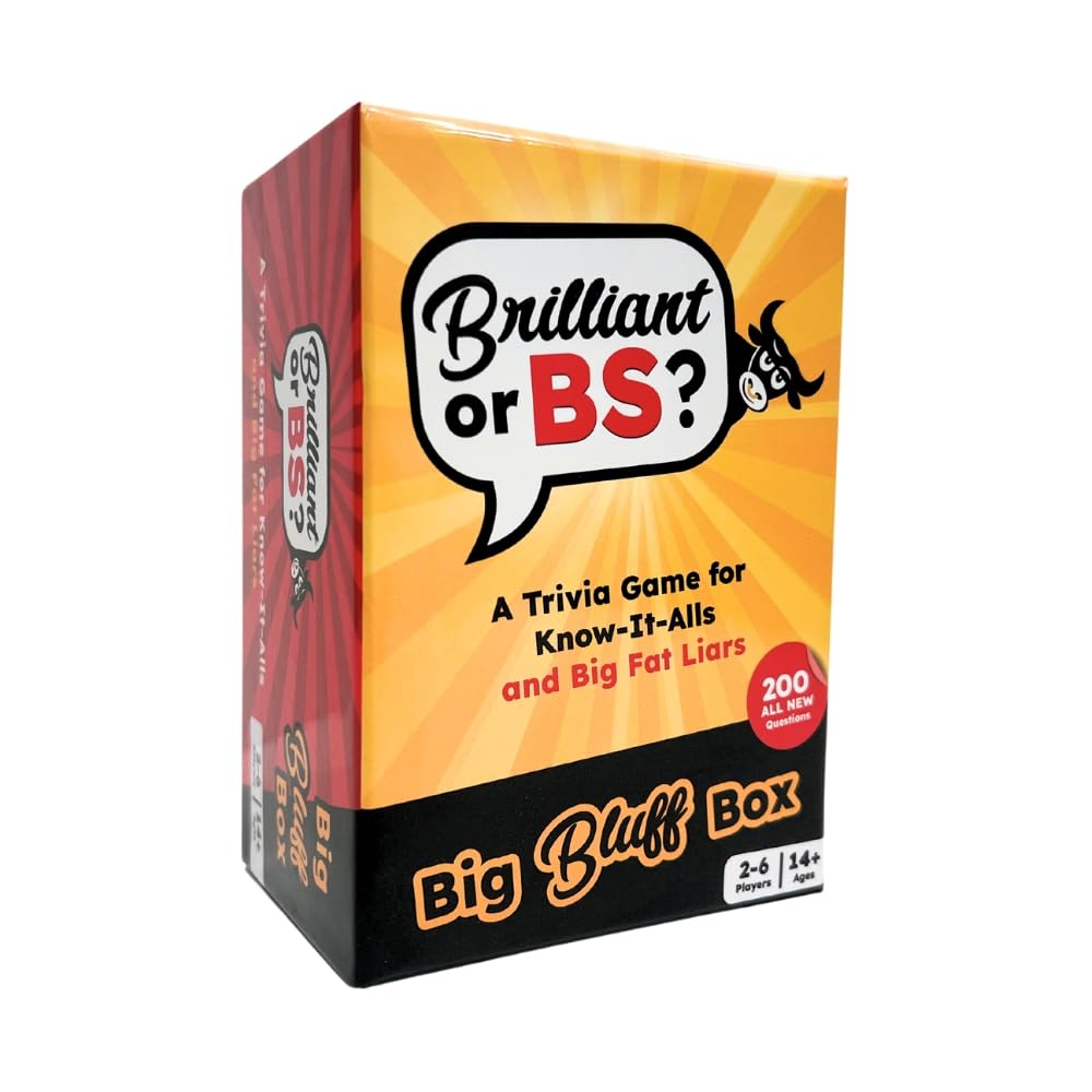 Brilliant or BS? Big Bluff Box - Trivia Game for Adults & Teens, 2-6 Players, Deluxe Edition, Orange, Cardboard