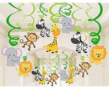 shoro safari animal jungle ceiling hanging swirl decorations cutout festive party supplies for boy and girl 12 pieces Multi co