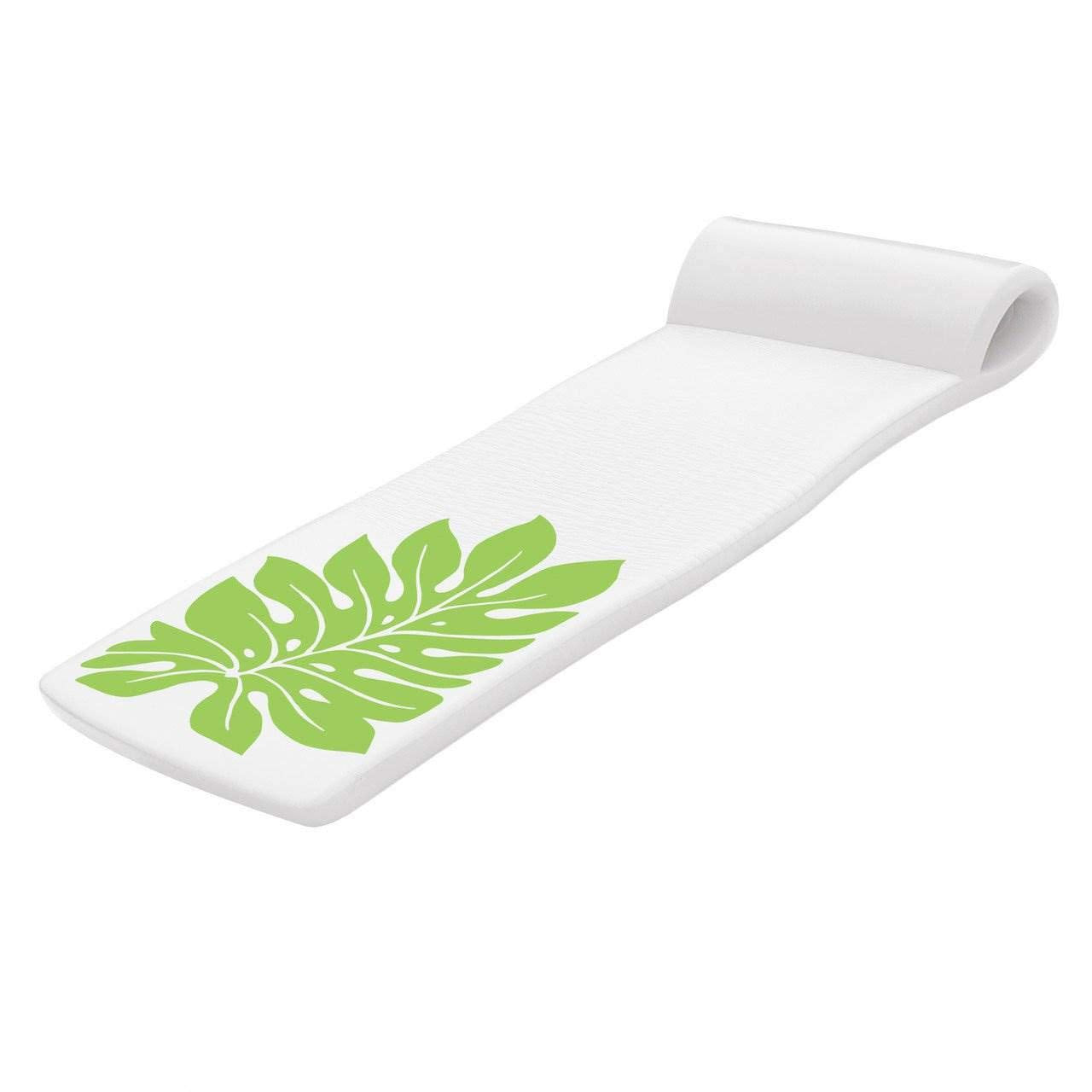 TRC Recreation Sunsation 1.75  Thick Vinyl Coated Foam Swimming Pool Float Mat mature-themed Lounger with Built-In Roll Pillow  White/Green Leaf