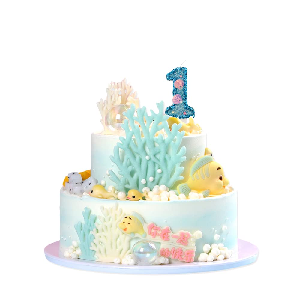 Blue Number Candle,Shell Sequins Number Candles for Birthday Cakes Mermaid Themed Party Supplies Number 1 Candle