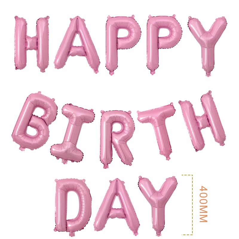 Happy Birthday Banner Script Pink Letter Sign With 12 Pcs Pink White Star Foil Mylar Balloon For Birthday Party Decoration