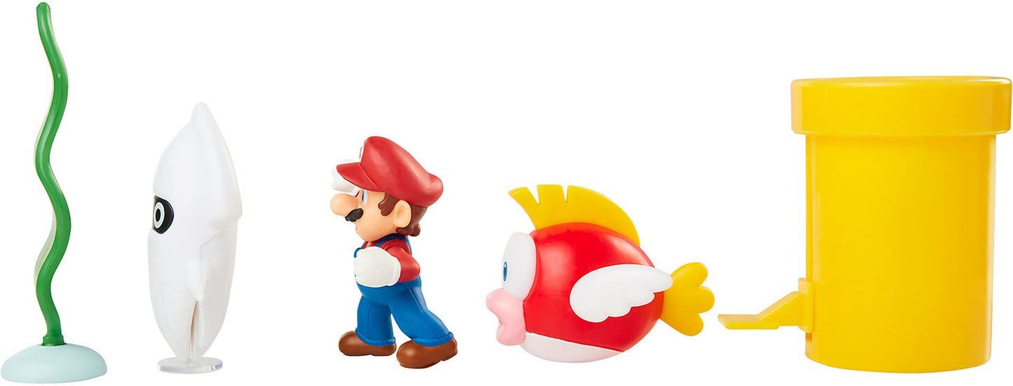 Nintendo Super Mario Underwater 2.5' Figure Diorama Play Set, Includes: Mario, Cheep-Cheep, Blooper, Mechanical Warp Pipe, Spinning Water Plant & Two Coins