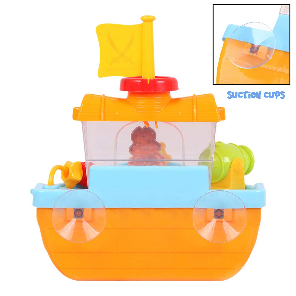Wall Mountable Pirate Ship Bathtub Bath Toy for Kids with Water Cannon and Boat Scoop
