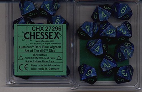 Chessex Dice Sets: Lustrous Dark Blue with Green Pips - Ten Sided Die d10 Set (10)