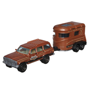 Matchbox Hitch & Haul Die-Cast Vehicle Playset - Cowboy Rodeo Round-Up ~ 6 Piece Set ~ Suv Inspired By 1988 Wagoneer ~ Includes Horse Trailer, Cowboy On Horse, Cowboy Standing And Two Cacti
