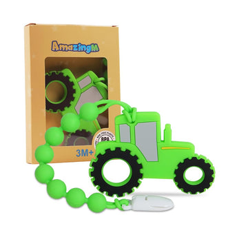 Amazingm Baby Food Grade Silicone Tractor Truck Teether Toy With One Piece Design Pacifier Clip Holder,Teething Pain Relief Toys
