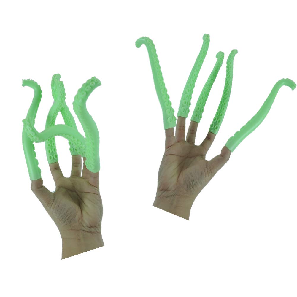 10 Silicone Finger Tentacle Puppets Green Glow-in-The-Dark