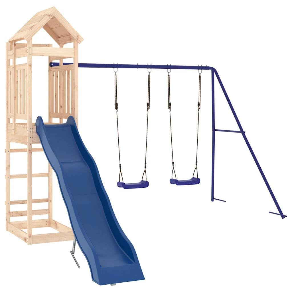 vidaXL Outdoor Solid Pine Wood Playset - Multi-Activity Center with Platform, Wave Slide, Double Swing Set, Sandpit - Sturdy Fra