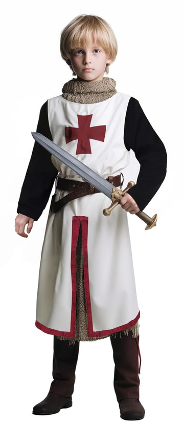 Vzqi Kids Crusader Costume White Medieval Knight Tunic Boys Outfit Renaissance Roman Warrior Costume Halloween With Belts L