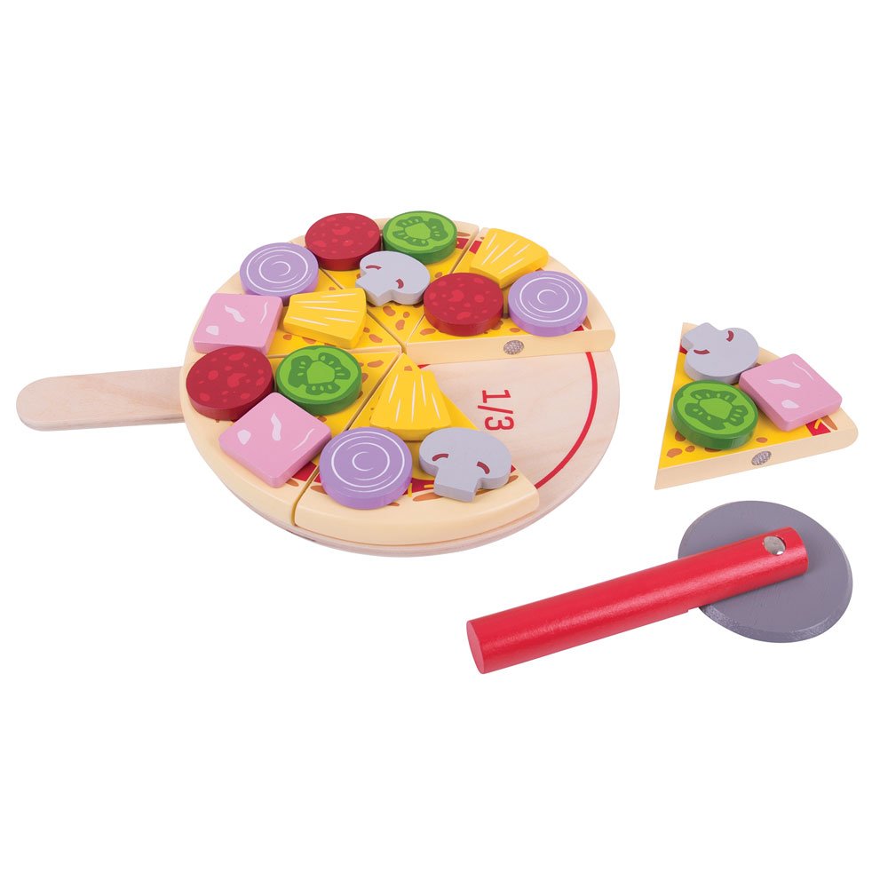Bigjigs Toys Wooden Cutting Pizza with Wooden Toppings and Pizza Slicer - Play Food and Role Play for Kids