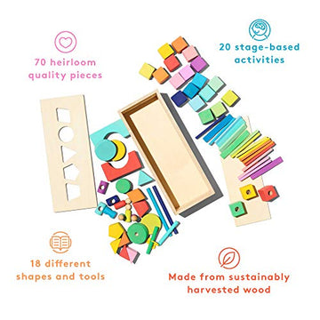 Lovevery | The Block Set | Solid Wood Building Blocks And Shapes + Wooden Storage Box, 70 Pieces, 18 Colors, 20+ Activities, Toddler Block Set And Converts Into A Pull Car, Ages 12 To 48+ Months