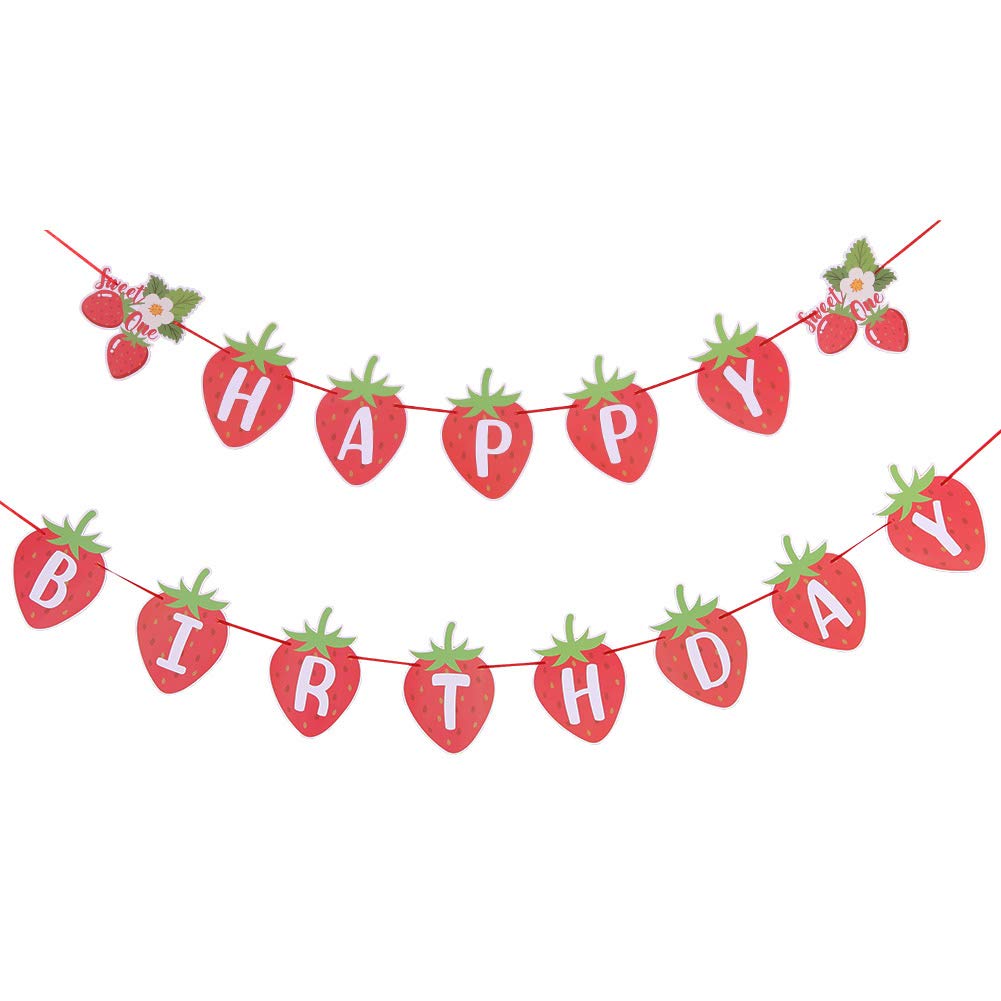 Strawberry Happy Birthday Banner Berry Sweet Girl Banner Sweet Berry Themed 1St Birthday Party Decoration Sunbeauty (Red - Straw