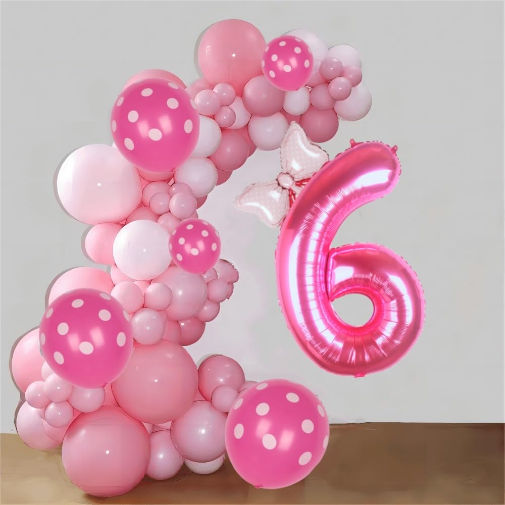 Kwuz 40 Inch Pink Number 6 Balloon with Mini Bow Balloon for Girls 6th Birthday Decorations, Pink Princess Western Cowgirl Theme