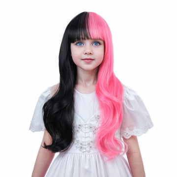 Ufindcos Pink & Black Wig For Kids - Long, Wavy, Curly, 22 Inches, Split Synthetic Wig With Wig Cap