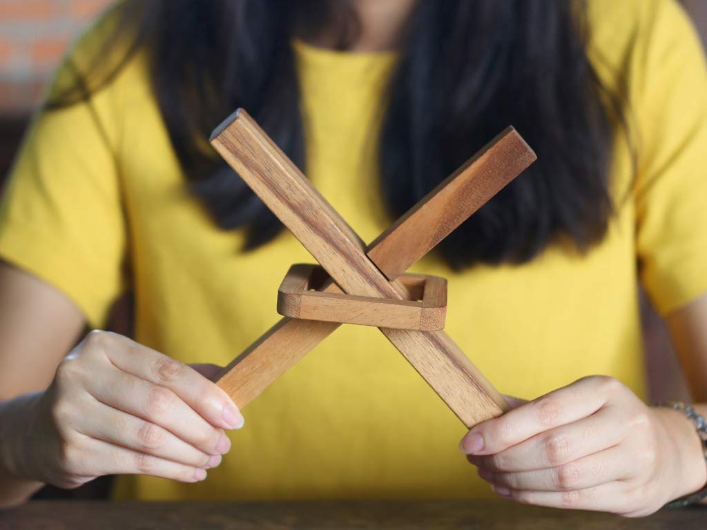 SiamMandalay X Cross Wooden Brain Teaser Puzzle - Logic Game, Tricky Mind Challenge, Model WG-041, Wood Tone