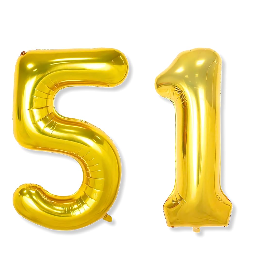 Flyloons 51 number Golden Foil Balloon 16 inch Size Birthday Decoration Items Pack of 2 | 51st Year Balloons | Fifty One
