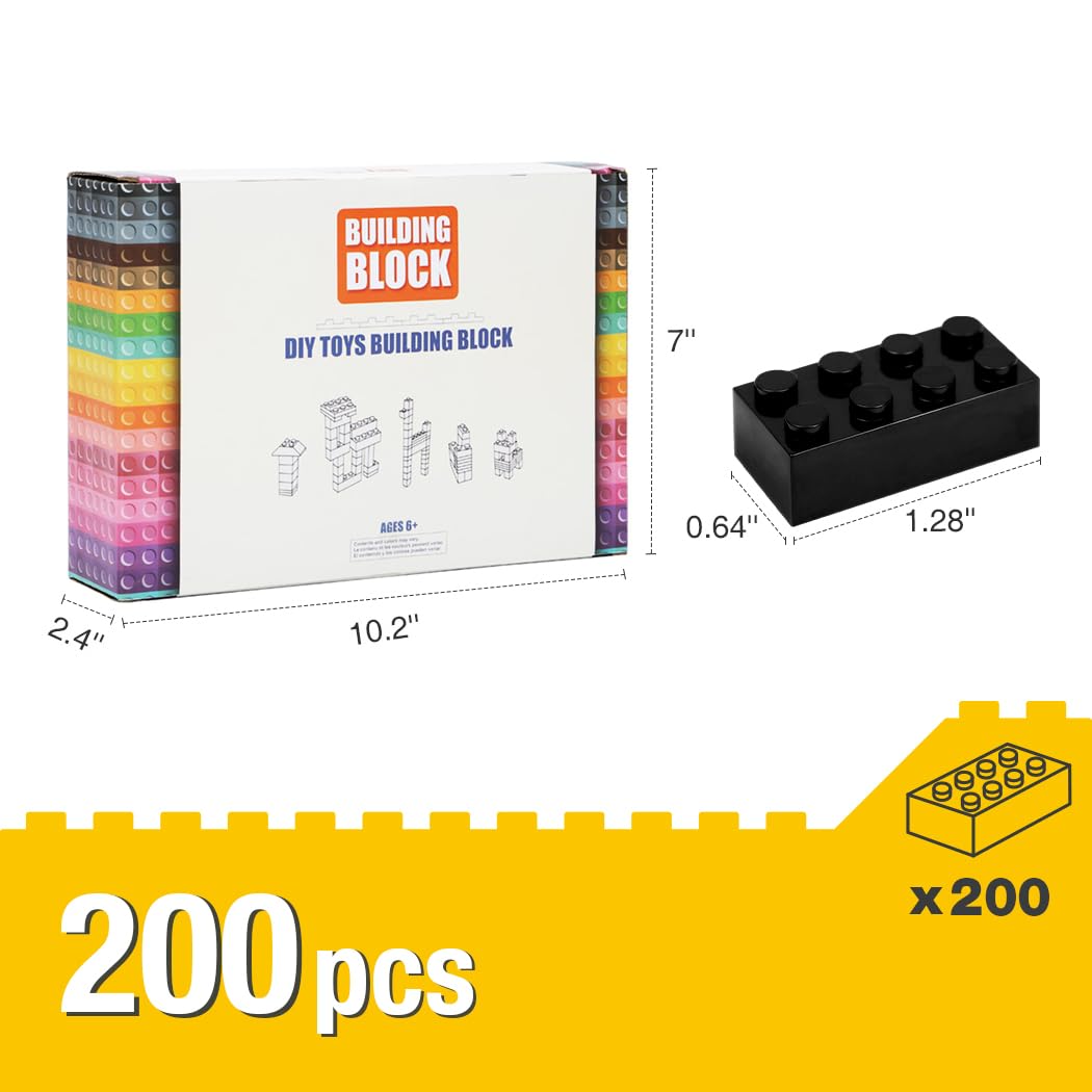 Unirolic Classic Building Bricks, 200 Piece 2X4 Building Blocks Stem Creative Building Toys Compatible With All Major Brands, Moc Building Bricks Diy Play Set For Kids Age 6+ (Black)