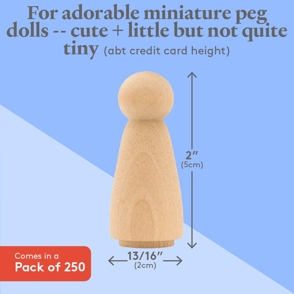 Wood Peg Dolls Unfinished 2 inch, Mom/Angel Shape, Pack of 250 Birch Wooden Peg People for Crafting, Miniature Figures, and Smal