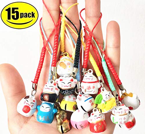 Eatingbiting 15Pcs Random Maneki Neko Fortune Lucky Japanese Beckoning Cat Keyring Keychain Key Rings, Fengshui Fortune Lucky Cat Kitty Key Chains Wealth Health Fortune Rich Money Symbol 15 Pack
