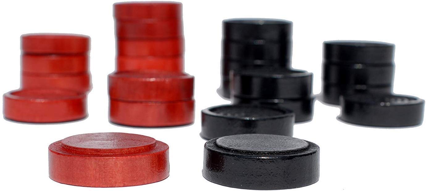 We Games Wood Backgammon Chips With Cloth Pouch - Red & Black 1.5 In. Diameter