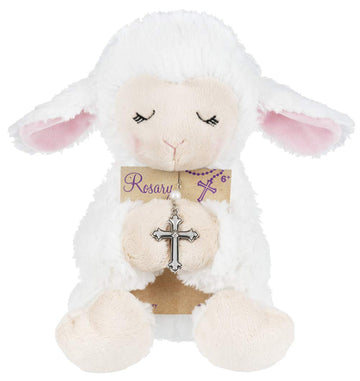 Blessed Plush Lamb 8.5 Inches With Rosary Set For First Communion, Christening, Baby Baptism Rosary Gifts For Girl, Baptism Gift