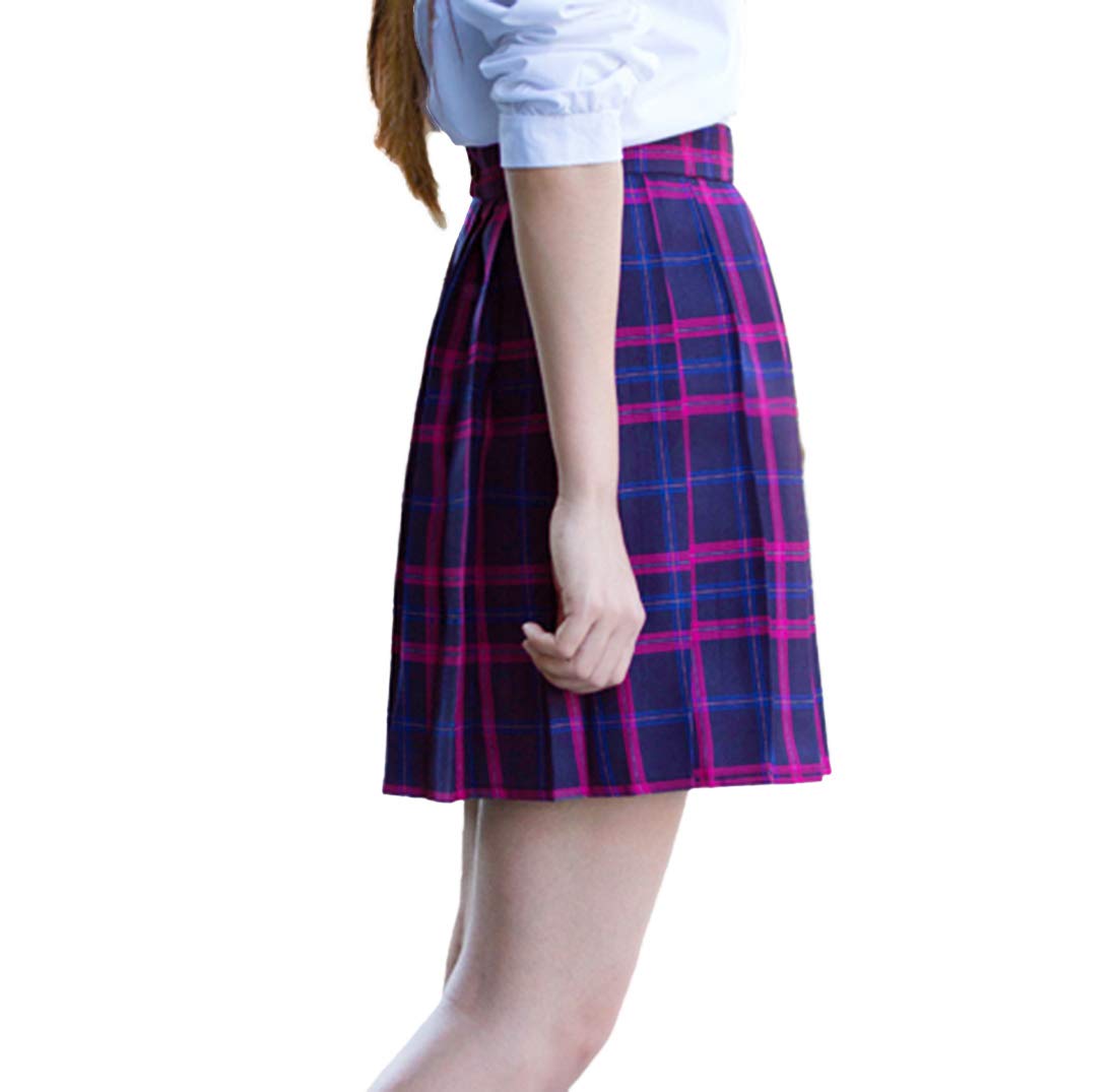 Girl`S School Uniform Skirt Plaid A Line Cosplay Costumes (S, Black Mixed Rose Blue)