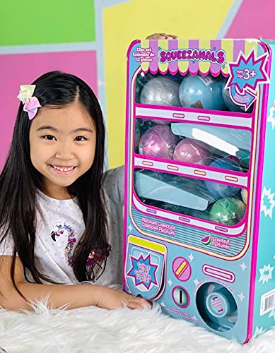 Squeezamals Plush Toy Vending Machine Set - 12 Mini Stuffed Animals, Aqua, Platinum Collection, Includes 3.5", 2.5", and 1" Plushies