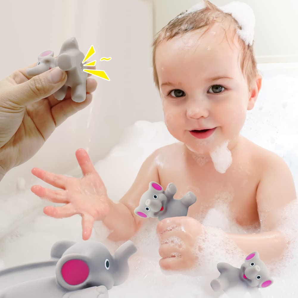 Bath Toys For Toddlers Infants 6 12 18 Months, Floating Bathtub Elephant Toys Squeak Rubber Animal 4 Piece Set, Pool Beach Party