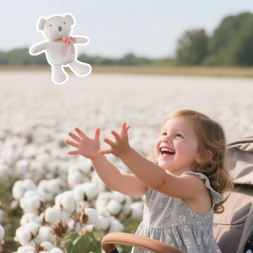 FLUFFYFUN 100% Organic Cotton Baby Stuffed Animals White Teddy Bear for Newborn 6.5