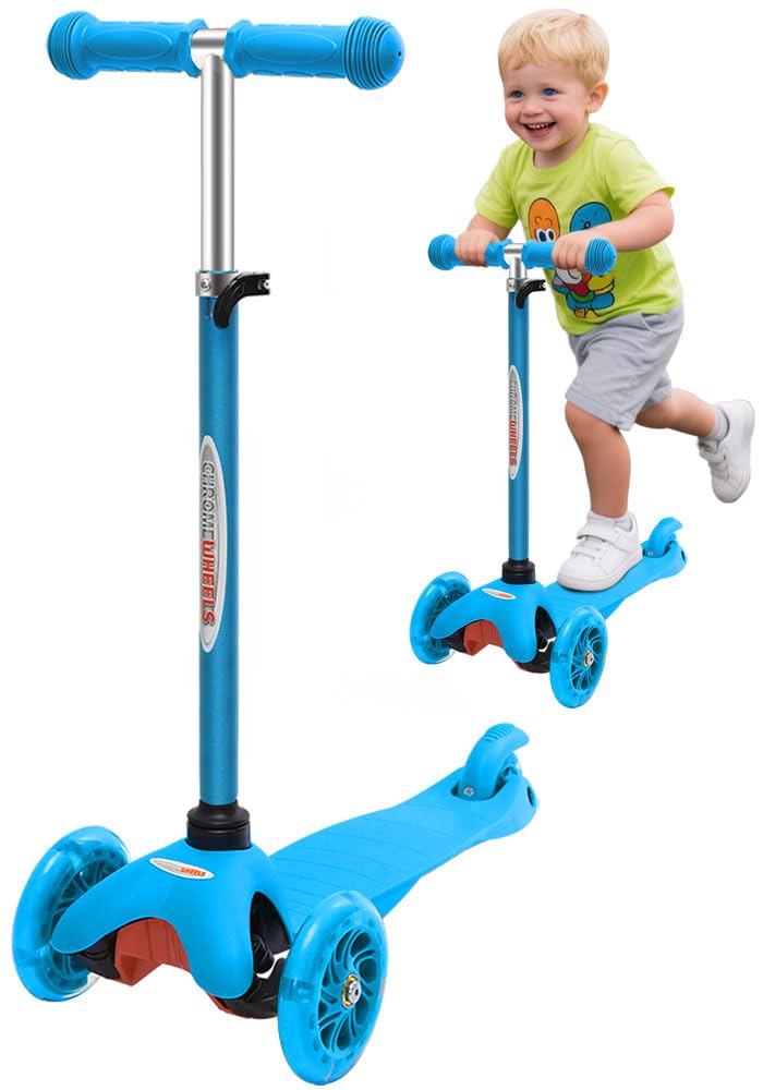 Chromewheels Scooter For Kids, Deluxe 3 Wheel Scooter For Toddlers 4 Adjustable Height Glider With Kick Scooters, Lean To Steer With Led Flashing Light For Ages 3-6 Girls Boys, Light Blue