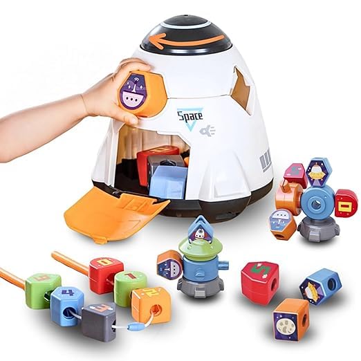 Sellnfun Montessori Spaceship Toy For Toddlers  Fine Motor Skills, Sorting, Stacking & Building Blocks, Lacing Beads Playset  