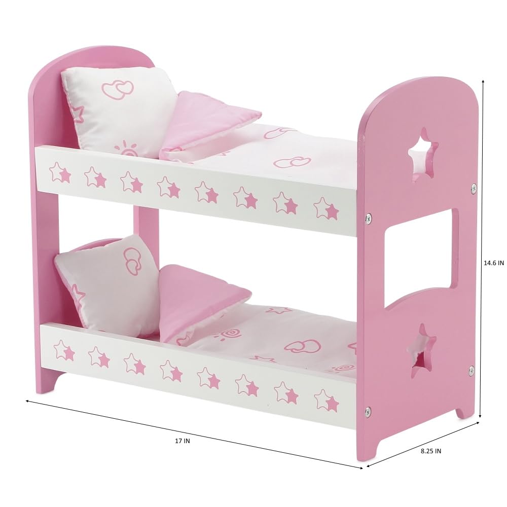 Emily Rose 14 Inch Doll Pink And White Bunkbed Bed Bunk With Reversible Bedding - Star | Compatible With American Girl Wellie Wishers Dolls