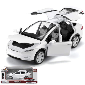 1:32 Model X Alloy Diecast Pull Back Toy Car with Open Doors, Lights and Music, Mini Vehicles Toys for Kids & Collectors (White)