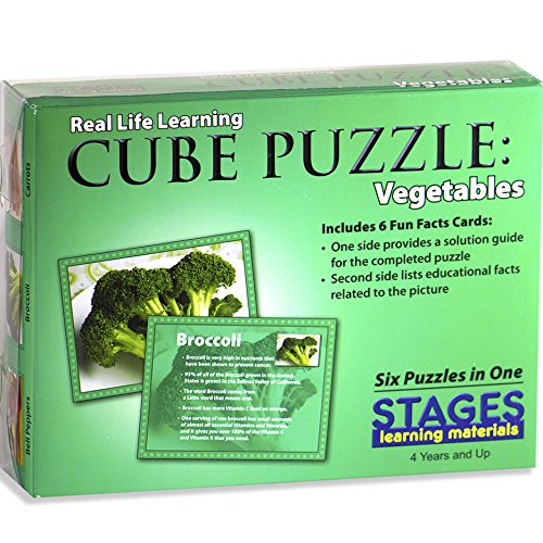 Stages Learning Real Picture Vegetables Wooden Cube Language Builder Preschool Puzzle (12 Piece), Green
