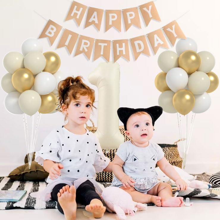 Yumiche Birthday Decorations Kit - 40" Cream Number 1 Balloon & HAPPY BIRTHDAY Banner with 12" White Sand Metallic Gold Balloons