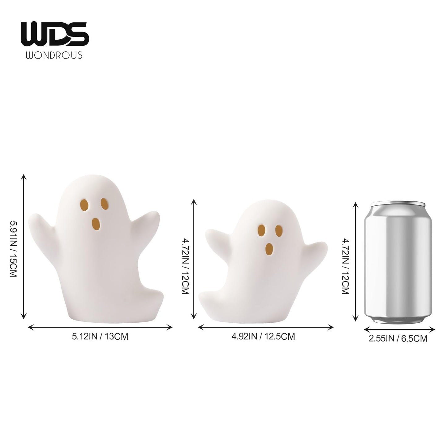WDS WONDROUS Halloween Decorations Light Up Ghost Figurines Set of 2, White Floating Ghost Statues with LED, Ceramic Cute Hallow