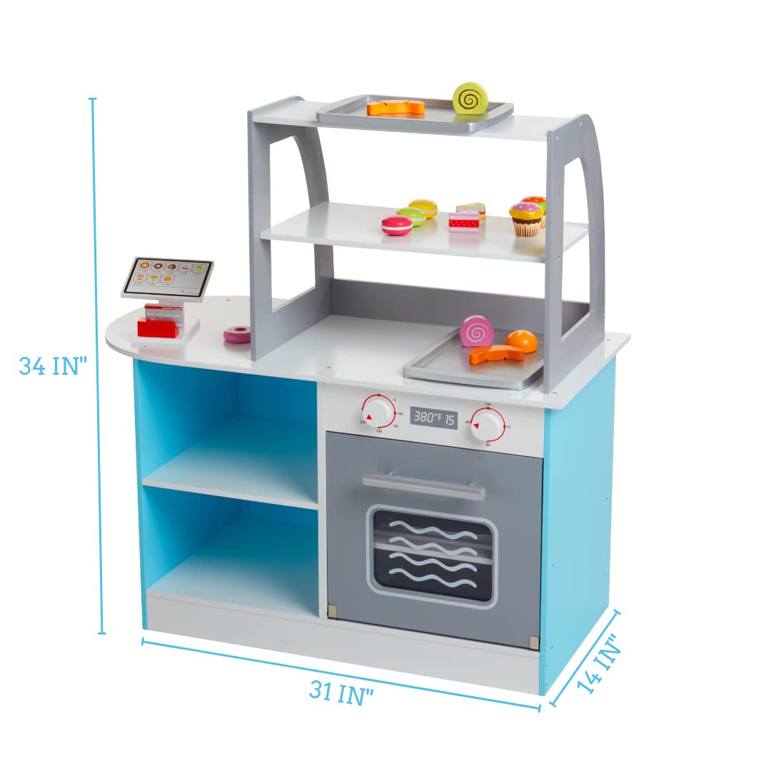 Wooden Bakery Playset Pretend Stand for Kids - 25 Piece Bake Shop Counter w Food, Chalkboard, Cash Register, Trays - Durable Con