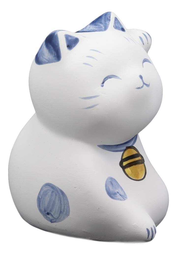 Ebros Japanese Good Luck And Fortune Charm Beckoning Cat Maneki Neko With Baby Bib Miniature Ceramic Figurine 2.5' Tall Welcoming Lucky Cats Symbol (White Maneki Neko With Blue Ears)