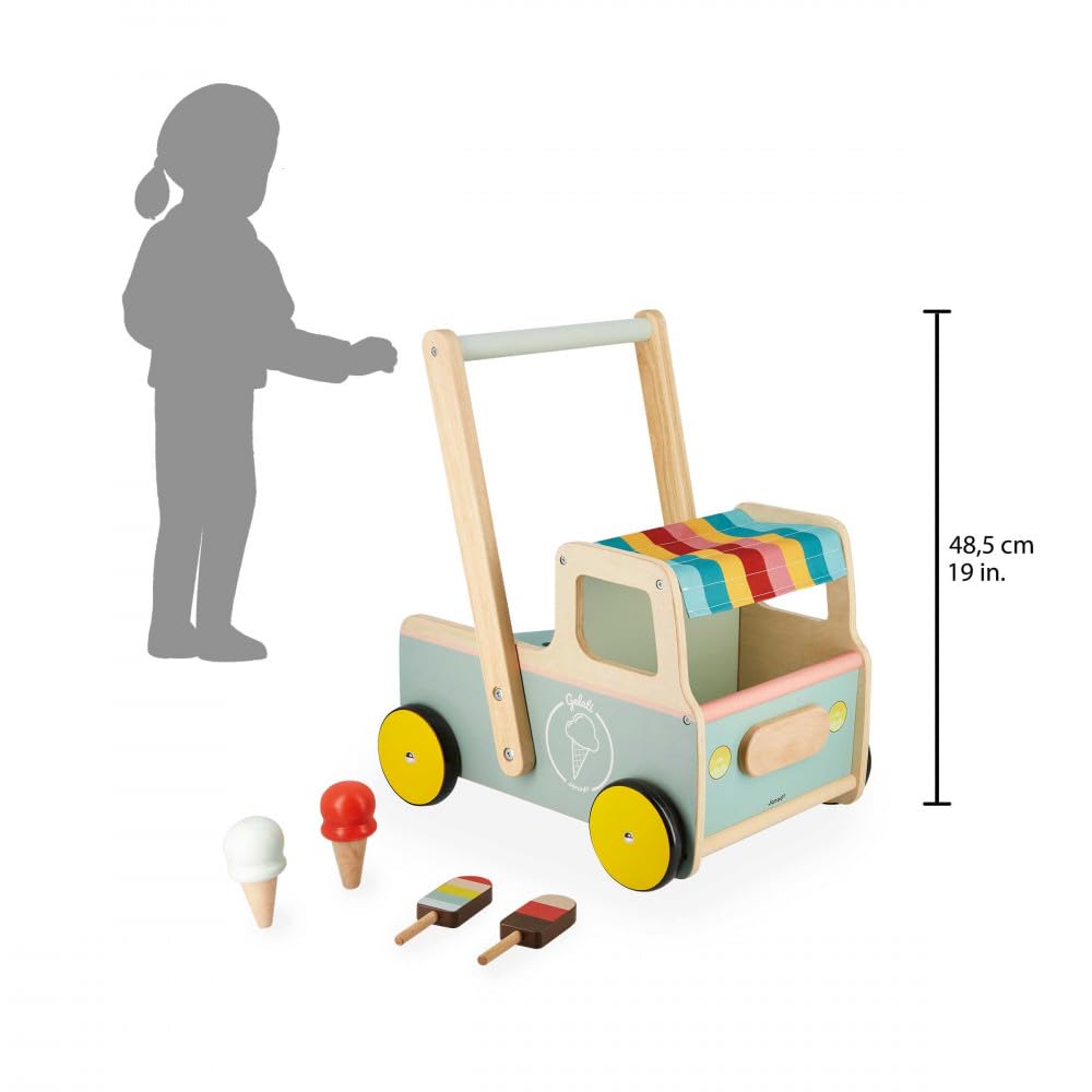 Janod Wooden Pull-Along Ice Cream Cart with 4 Ice Creams, Silent Wheels, Anti-Tip System, FSC-Certified, Multicoloured, Model J08049