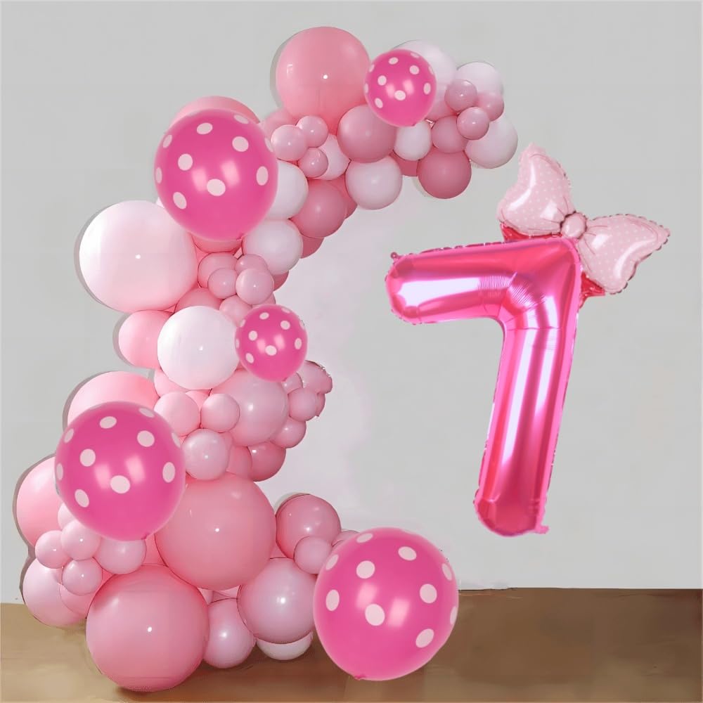 Kwuz 40 Inch Pink Number 7 Balloon with Mini Bow Balloon for Girls 7th Birthday Decorations, Pink Girl Mouse Princess Western Co