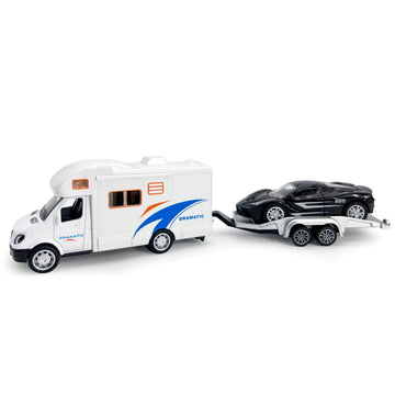 Toy Camper RV Trailer Towing Supercar Sports Model Car Diecast Motorhome Toys for Boys Pull Back Toy Cars, Beach Sandbox Outdoor
