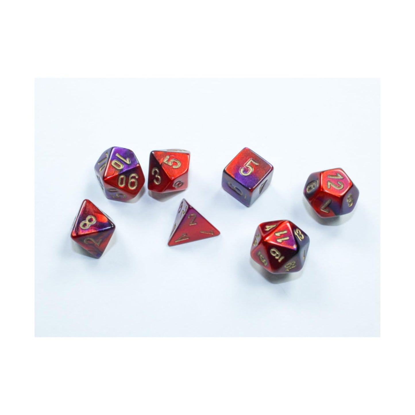 Purple And Red Gemini Mini Dice With Gold Colored Numbers 10Mm (3/8In) Set Of 7 Chessex