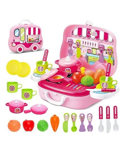Toy Vibes Plastic Kitchen Cooking Pretend Play Toy Set with Suitcase 22 Pieces (Pink)(Pack of 3)
