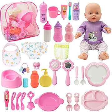 Sotogo 34 Pieces Baby Doll Care Set Doll Feeding And Changing Accessories Set Baby Doll Accessories In Bag, Without Doll