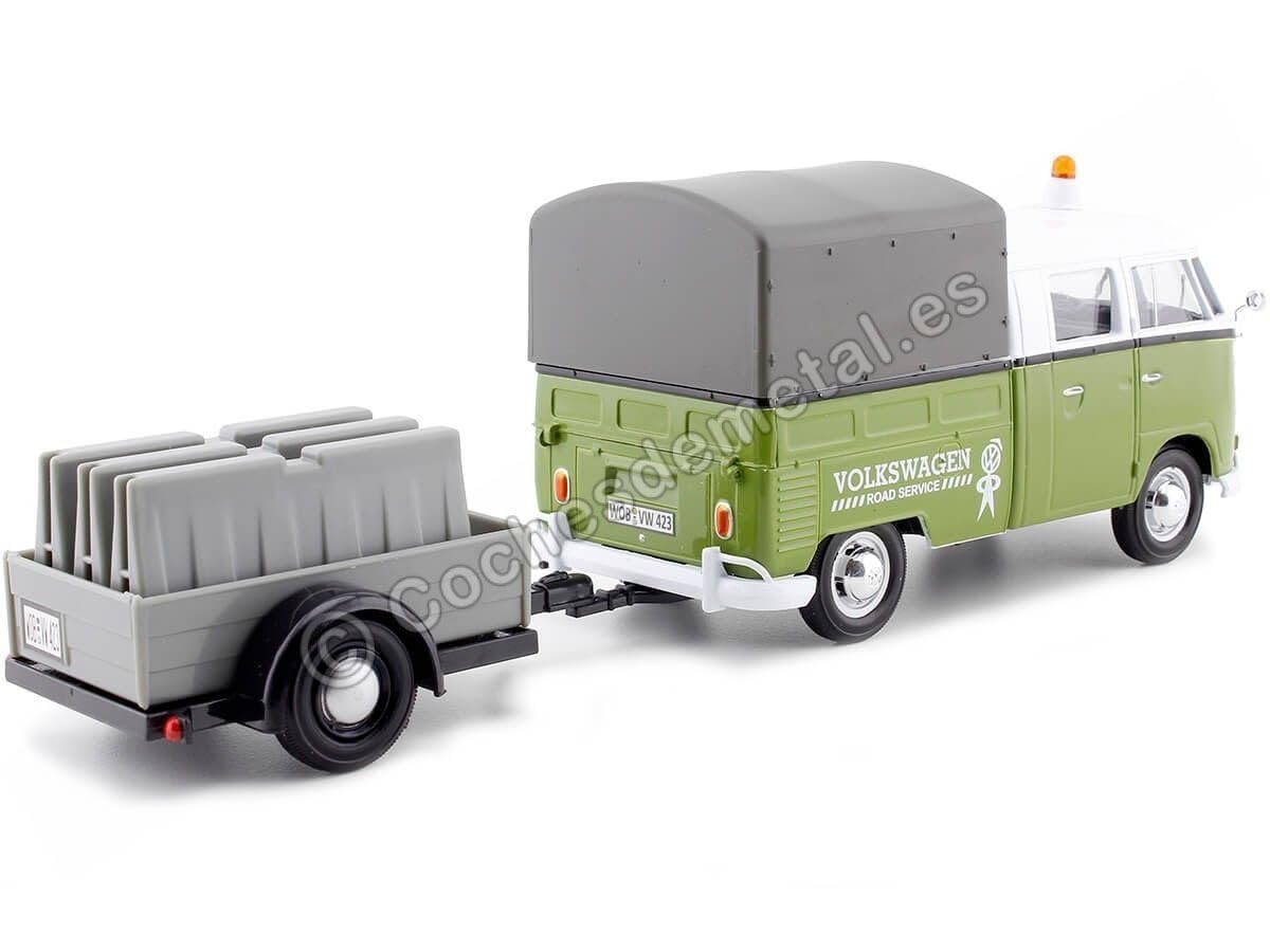 Motormax 79676 Volkswagen T1 Pickup with Canopy Green & White with Trailer Road Service 1-24 Scale Diecast Model Car
